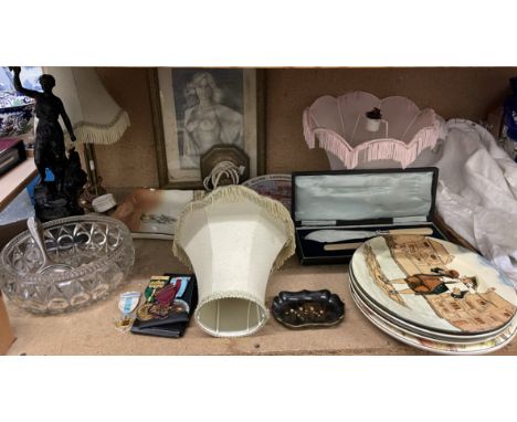 Masonic jewels together with table lamps, lamp shade, Royal Doulton plates, Japanese pin tray, spelter figure, cased fish ser