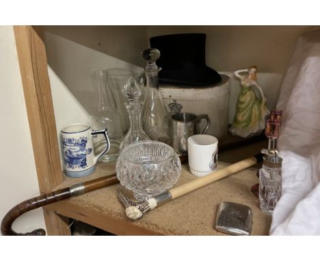 A Christy's top hat in a box, together with an umbrella walking stick, silver cigarette case, Delft, glass decanters, glass v