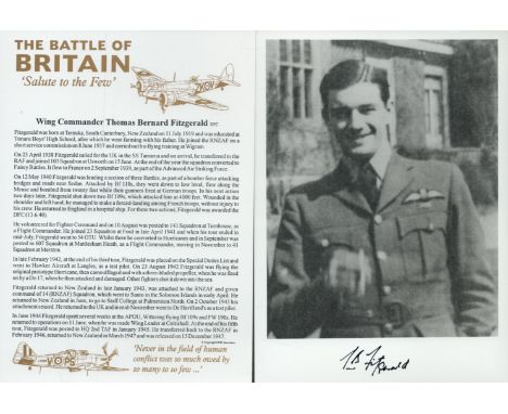 Wg Cdr Thomas Fitzgerald DFC WW2 RAF Battle of Britain fighter ace signed 7 x 5 inch b/w portrait photo and separate biograph