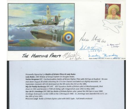 The Hunting Party Signed by 5, 4 Battle of Britain Pilots V Bergman, Paddy Barthropp, D L Armitade, A C Leigh. & Lady Bader. 