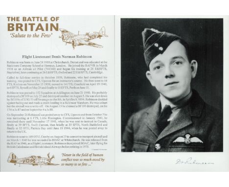 Flt Lt Denis Norman Robinson WW2 RAF Battle of Britain fighter ace signed 7 x 5 inch b/w portrait photo and separate biograph