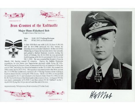 Luftwaffe Mjr Hans Ekkehard BOB KC WW2 RAF Battle of Britain fighter ace signed 7 x 5 inch b/w portrait photo and separate bi