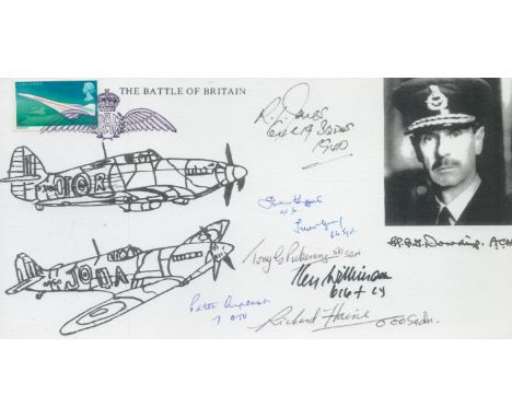 Card Battle of Britain Signed by 7 Battle of Britain Pilots, Crew. Piece Size 9 ½ by 5 inches. Battle of Britain Spitfire, Hu