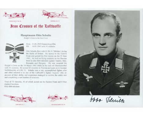 Luftwaffe Haupt Otto Schultz KC WW2 RAF Battle of Britain fighter ace signed 7 x 5 inch b/w portrait photo and separate biogr