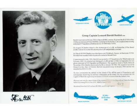 Grp Capt L Bartlett DSO 17 sqn WW2 RAF Battle of Britain fighter ace signed 7 x 5 inch b/w portrait photo and separate biogra