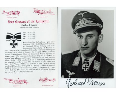 Luftwaffe Gerhard Krems KC WW2 RAF Battle of Britain fighter ace signed 7 x 5 inch b/w portrait photo and separate biography.