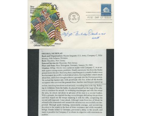 USA FDC Signed Nicholas Oresko Medal of Honor Winner Germany 1945 FDC 14 Dec 1973 Signed by Master Sergeant Nicholas Oresko U