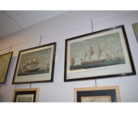 A pair of early 20th Century gravure prints, after R. Dodd - "Portrait of an East Indiaman coming to anchor at Spithead..." a