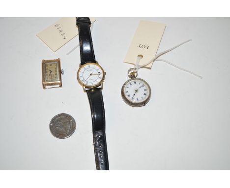 A silver cased fob watch, with white enamel roman dial; a yellow metal cased wristwatch; a giltmetal cased Rotary wristwatch;