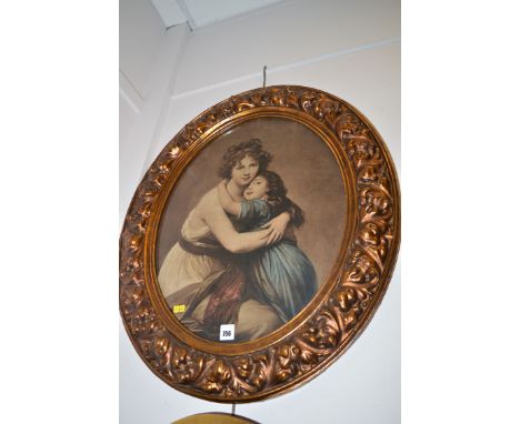 A hand-coloured photogravure print, after Louise Elisabeth Vigee Le Brun - "Self portrait with her daughter", in ornate gilt 