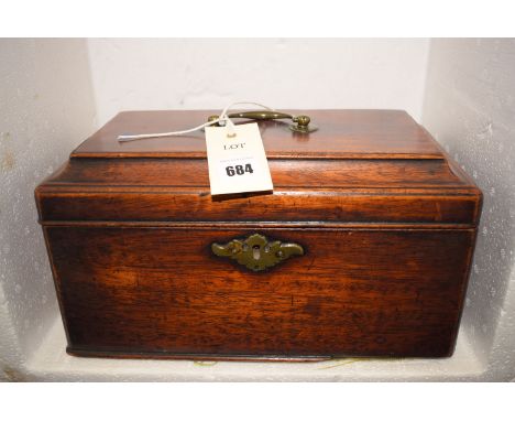 *A George III mahogany three division tea caddy, original handle, shaped top opening to reveal interior with three compartmen