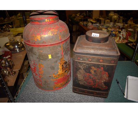 *Two 19th Century metal tea canisters, one square, one with chinoiserie decoration, the cylindrical caddy has traces of red p