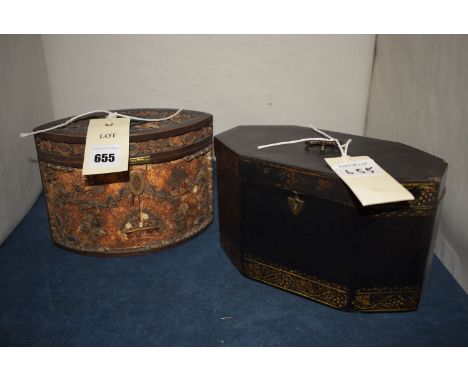 *An early 19th Century oval paper scroll caddy with hinged cover; together with lacquered papier mache rectangular box with h