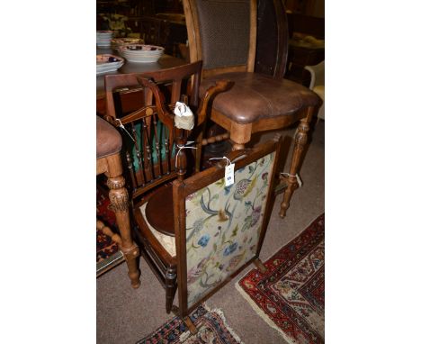 A firescreen in oak frame; an Edwardian mahogany occasional chair; and an Edwardian mahogany wine table (broken leg).