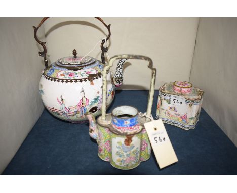 *A 19th Century Chinese cloisonne ware, to include: a large teapot; a smaller teapot; together with a tea caddy.  (3)