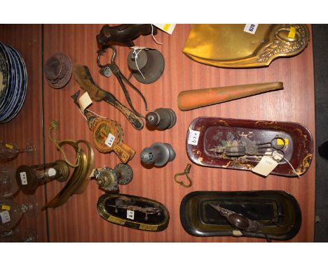 *19th Century collectables, to include: papier mache snuffer trays; grape cutter; brass shoe horn; brass egg timer; miniature