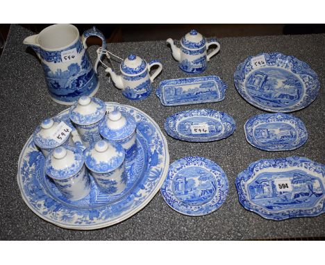 A collection of Spodes 'Italian' pattern trinket dishes; milk jug; miniature teapot; circular dish; five Spode spice jars and