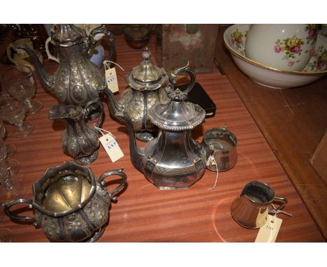 Victorian metal plated ware, to include: a coffee and tea service, comprising: coffee pot, teapot, sugar and cream jug; anoth