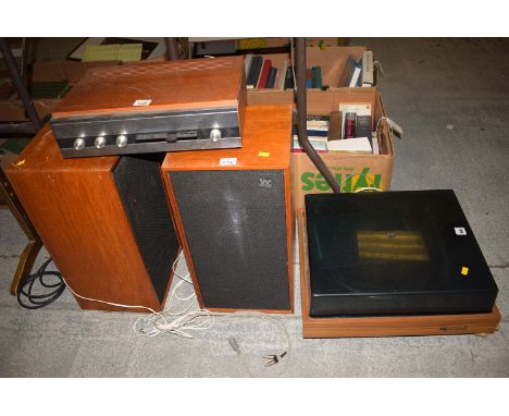 A Garrard model AP76 record deck; a pair of Wharfdale speakers; and a Wharfdale Linton Amplifier.