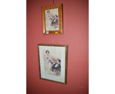*A 19th Century watercolour - portrait of a lady and gentleman in a parlour, signed with monogram; together with a colour rep
