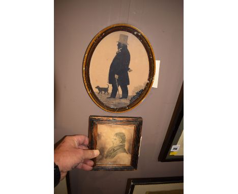 *A 19th Century silhouette portrait of a gentleman walking a dog, signed H. Coburn and dated 1839; together with a miniature 