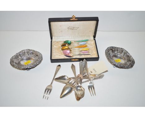 Six silver grapefruit spoons; a silver fork; two bon-bon dishes; and six silver and enamel coffee spoons in a box.