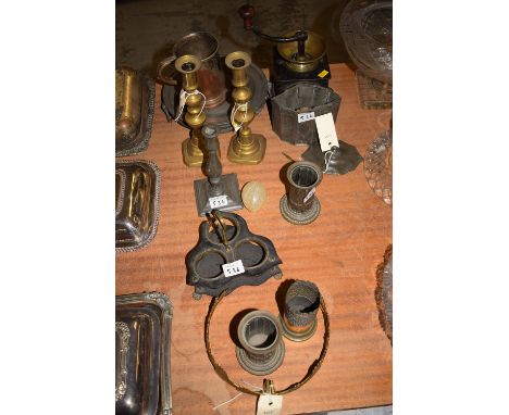 *A pair of 19th Century giltmetal curtain tie-backs; three 19th Century decorative brass poker stands; a coffee grinder; pewt