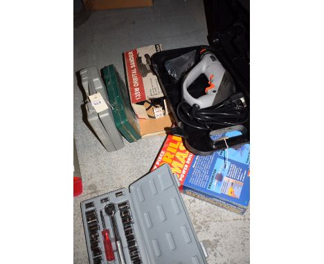 A collection of various hand powered tools, including; socket sets; chisels; orbital sander; screw drivers; Black & Decker dr