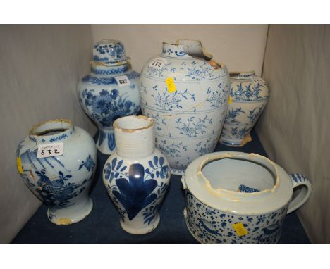 *18th and 19th Century blue and white Delftware, to include: a jug; a vase; octagonal vase and cover; together with a blue an