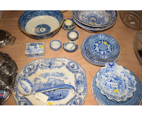 *A quantity of 19th Century blue and white ceramics, including: plates; bowls; soup ladle; etc. by Jamieson; M & P; etc.