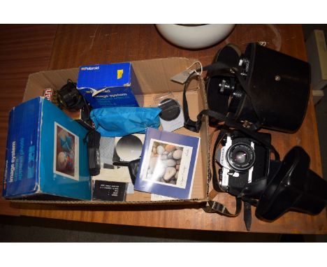 A pair of Russian binoculars 12 x 40, in fitted leather case; a Pentax MG 50mm camera, no. 5862323; a Polaroid camera; togeth