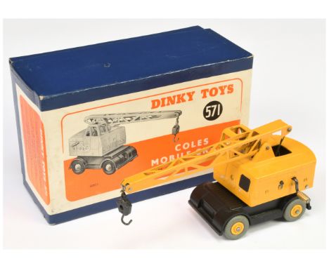 Dinky, 571 Coles Mobile Crane - yellow including jib and Supertoy hubs, black chassis, light tan driver - Excellent Plus in g