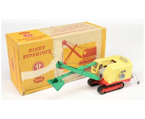 Dinky 975 Ruston Bucyrus Excavator - yellow plastic body, red chassis, green jib &amp; shovel - Good Plus to Excellent but pl