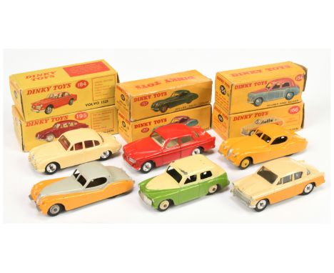 Dinky Group of 1950's &amp; 1960's issue cars - to include 154 Hillman Minx - two-tone green and cream body, ridged hubs with
