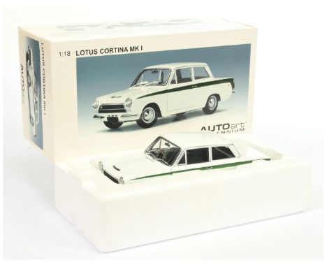 Autoart 1/18th scale 75331 Lotus Cortina Mk.I - white with green body stripe, black interior and chrome trim - Mint with inne