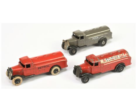 Dinky 3 x Post War 25d Tanker - all are black Type 2 open chassis, black smooth hubs (1) red body with "Mobil oil" decals; (2