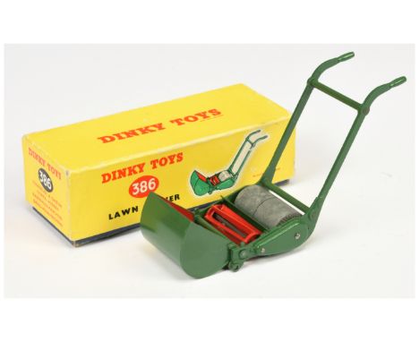 Dinky 386 Lawn Mower - dark green &amp; red with bare metal roller - Excellent Plus in Fair to Good box.