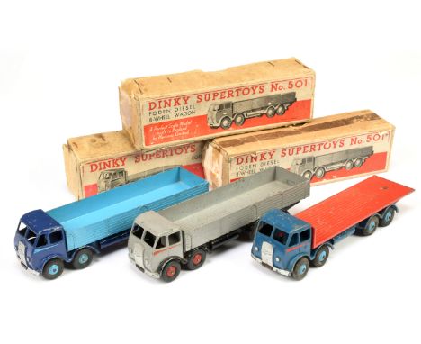 Dinky Group of Type 1 Foden Commercial Vehicles - to include 502 Foden Truck - dark blue cab and chassis, blue ridged hubs, b