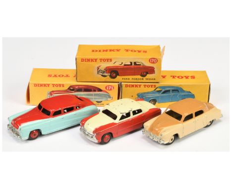 Group of British Dinky Cars - all are highlines - 170 Ford Fordor Sedan - two-tone high-line cream, red including ridged hubs
