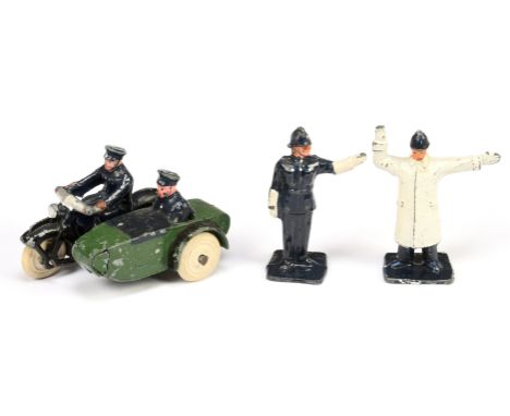 Dinky Group of Police Motorcycle and figures - to include 42b "Police" Patrol Motorcycle and Sidecar finished in green, black