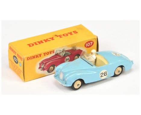 Dinky 107 Sunbeam Alpine Sports Car - light blue body with racing number 26 decals, cream interior with driver, light beige r