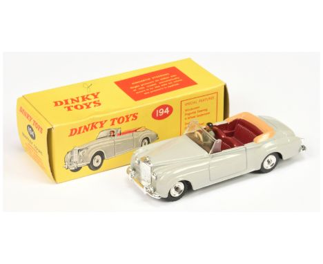 Dinky 194 Bentley Coupe Convertible - light grey body with tan folded hood, maroon interior with driver, spun hubs - Near Min