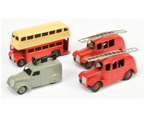 Dinky, Group of Bus &amp; Fire Engine - including (1) 29c AEC Double Deck Bus; 34c Loudspeaker Van; 25k Fire Engine - crimped