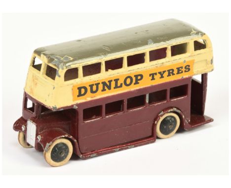 Dinky Toys - pre-war 29c - Double-deck Bus - "Dunlop Tyres", 1st type AEC, maroon lower body, cream upper body, grey roof, sm