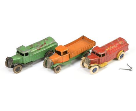 Dinky Pre-War Group of 25 Series Wagons - including (1) 25a Dropside Wagon - Type 2 orange cab and back, green open chassis, 