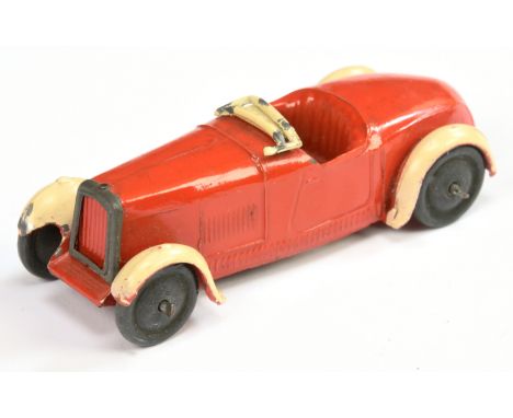 Dinky Pre-War Hornby Series Modelled Miniatures 22a Sports Car - red body with cream wings, cream dashboard &amp; windscreen,