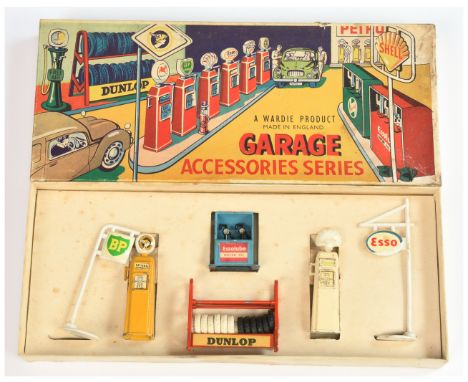Wardie Products Set of Garage Accessories - containing yellow National Benzole &amp; cream Shell Petrol Pumps, red Dunlop Tyr
