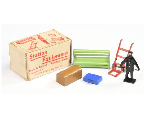 Clarke's Toys &amp; Novelties Ltd No.201 O Gauge Station Equipment Set - containing Porter &amp; Trolley Barrow, Luggage Trun