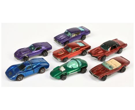 Mattel Hot Wheels Redline unboxed group to include Custom Mustang - red, silhouette - green, custom Barracuda - purple, Custo