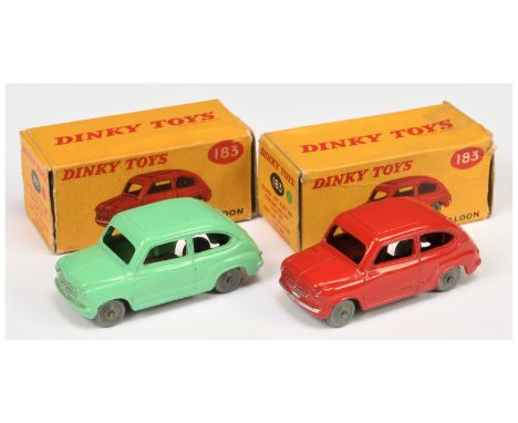 Dinky 2 x 183 Flat 600 Saloon - Including (1) red body, solid smooth grey plastic wheels; (2) as (1) but light green body - E